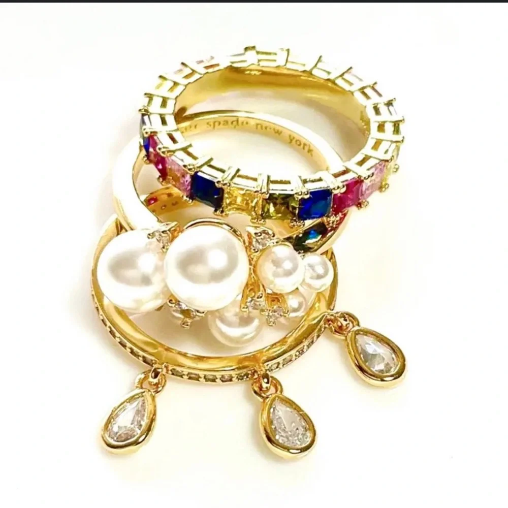 Kate Spade rain or shine stacking Goldtone Ring Set with Pearl & Crystals Size 7